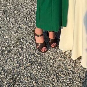 Square toe brown heeled sandals
